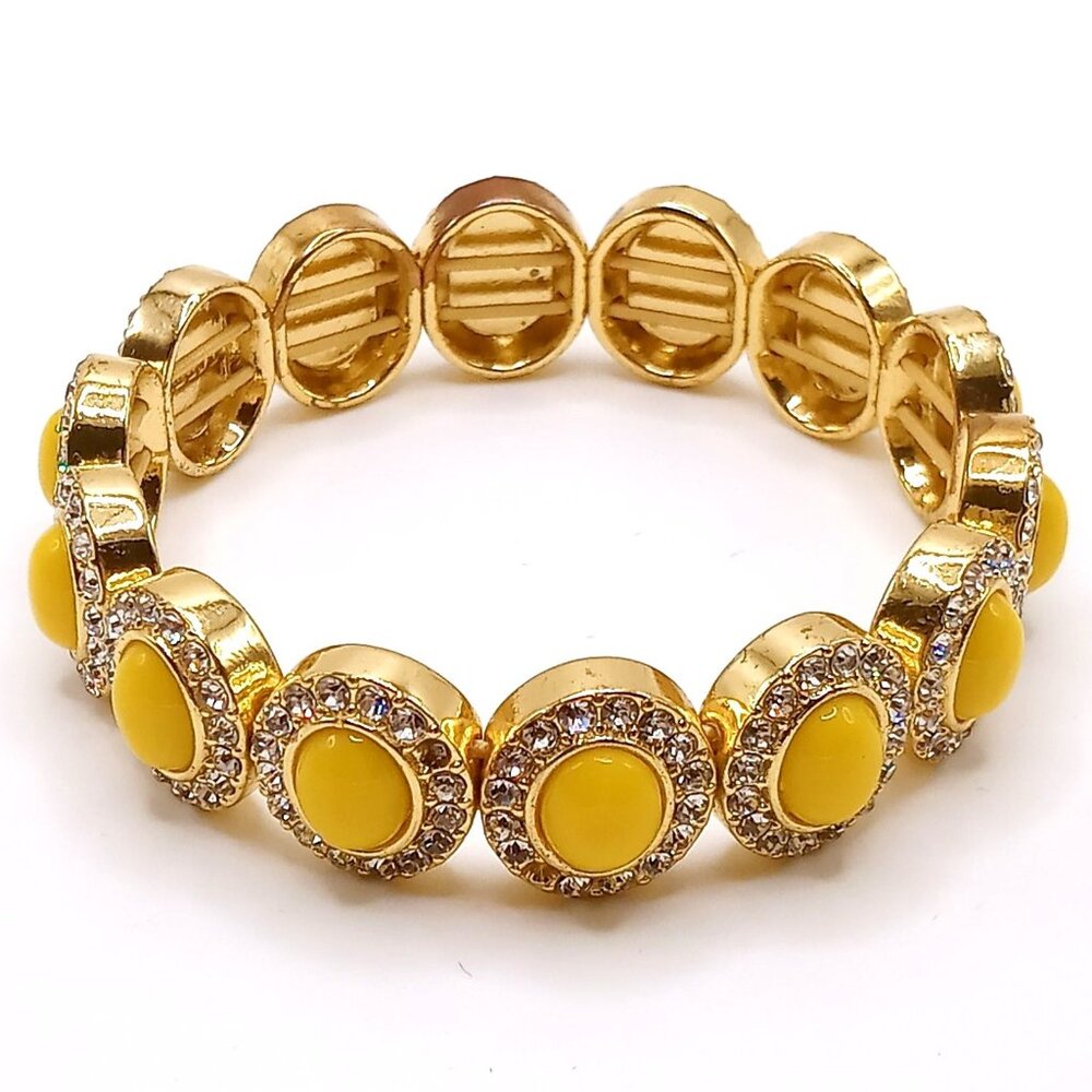 J. Crew Stretchy Bracelet Gold Tone Metal Yellow Enamel Rhinestones 6 3/4 Inch